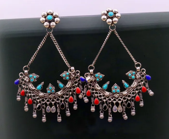 TRIBAL ORNAMENTS Earrings 925 sterling silver handmade turquoise and coral stone fabulous long charm earring stud drop dangle chandbala chandelier style jewelry s724