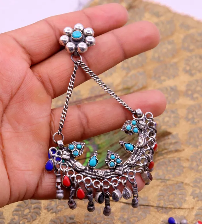 TRIBAL ORNAMENTS Earrings 925 sterling silver handmade turquoise and coral stone fabulous long charm earring stud drop dangle chandbala chandelier style jewelry s724