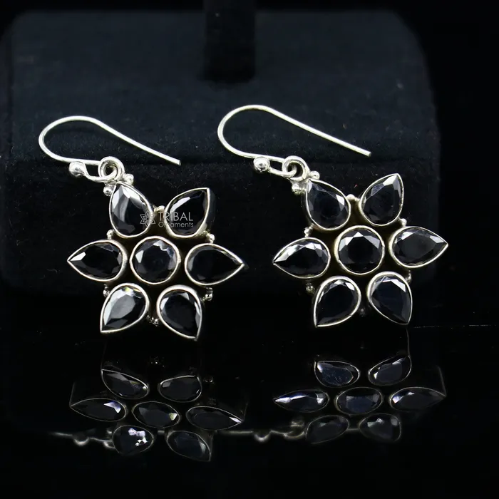 TRIBAL ORNAMENTS Earrings 925 sterling silver hoops earring gorgeous flower black stone charm hook earring excellent gifting brides earring party jewelry s1247 TRIBAL ORNAMENTS Earrings 925 sterling silver hoops earring gorgeous flower black stone charm hook earring excellent gifting brides earring party jewelry s1247
