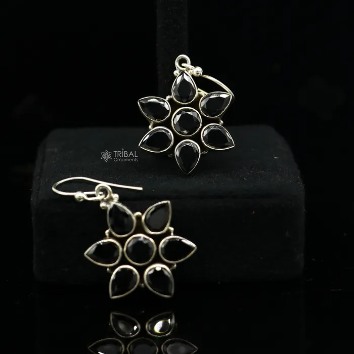 TRIBAL ORNAMENTS Earrings 925 sterling silver hoops earring gorgeous flower black stone charm hook earring excellent gifting brides earring party jewelry s1247 TRIBAL ORNAMENTS Earrings 925 sterling silver hoops earring gorgeous flower black stone charm hook earring excellent gifting brides earring party jewelry s1247