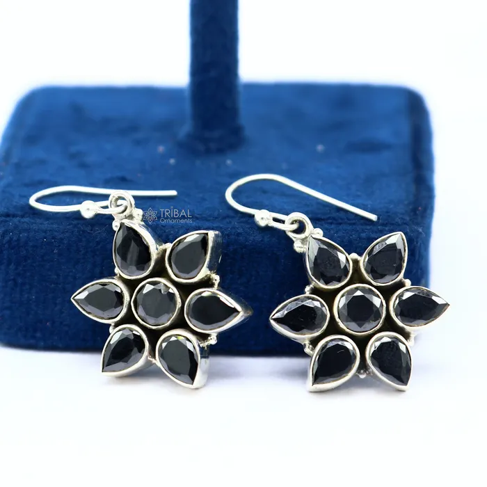 TRIBAL ORNAMENTS Earrings 925 sterling silver hoops earring gorgeous flower black stone charm hook earring excellent gifting brides earring party jewelry s1247 TRIBAL ORNAMENTS Earrings 925 sterling silver hoops earring gorgeous flower black stone charm hook earring excellent gifting brides earring party jewelry s1247