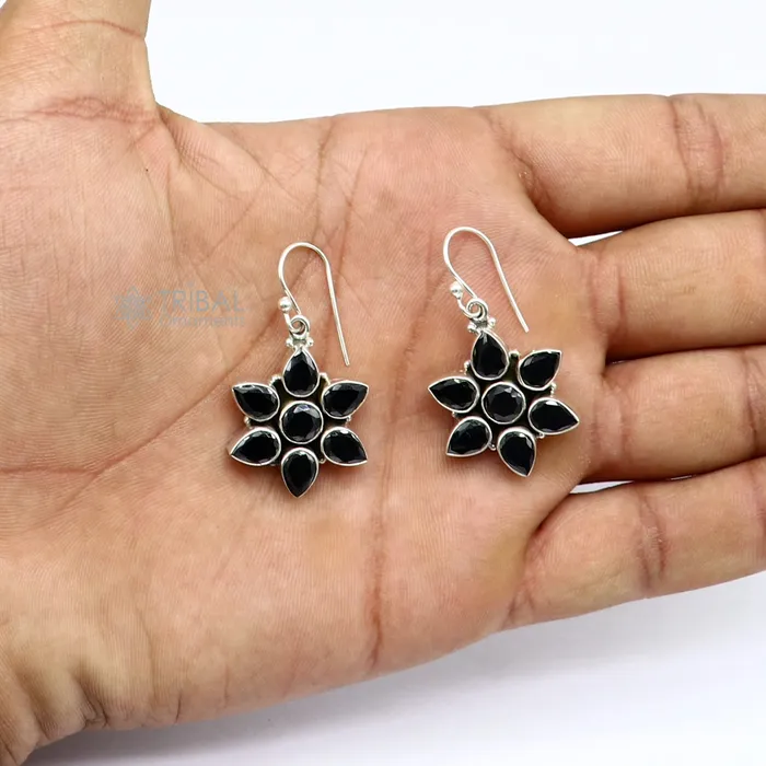 TRIBAL ORNAMENTS Earrings 925 sterling silver hoops earring gorgeous flower black stone charm hook earring excellent gifting brides earring party jewelry s1247 TRIBAL ORNAMENTS Earrings 925 sterling silver hoops earring gorgeous flower black stone charm hook earring excellent gifting brides earring party jewelry s1247