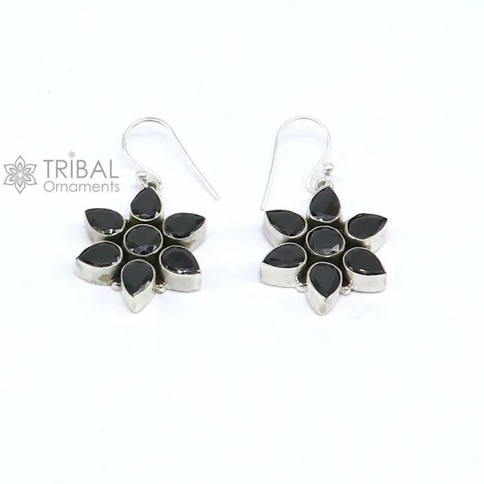 TRIBAL ORNAMENTS Earrings 925 sterling silver hoops earring gorgeous flower black stone charm hook earring excellent gifting brides earring party jewelry s1247 TRIBAL ORNAMENTS Earrings 925 sterling silver hoops earring gorgeous flower black stone charm hook earring excellent gifting brides earring party jewelry s1247