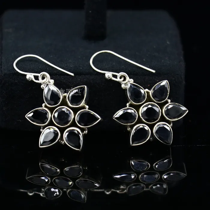 TRIBAL ORNAMENTS Earrings 925 sterling silver hoops earring gorgeous flower black stone charm hook earring excellent gifting brides earring party jewelry s1247 TRIBAL ORNAMENTS Earrings 925 sterling silver hoops earring gorgeous flower black stone charm hook earring excellent gifting brides earring party jewelry s1247