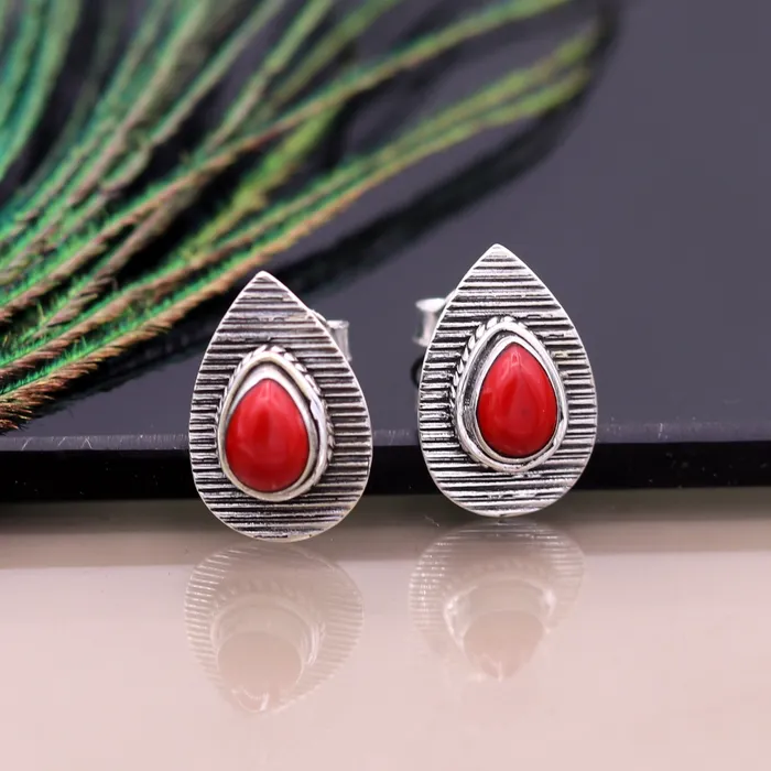TRIBAL ORNAMENTS Earrings sapphire red color stone handmade 925 sterling silver stud vintage earrings s238 TRIBAL ORNAMENTS Earrings sapphire red color stone handmade 925 sterling silver stud vintage earrings s238