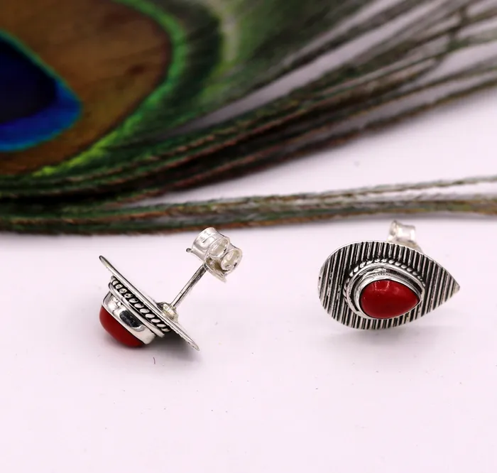 TRIBAL ORNAMENTS Earrings sapphire red color stone handmade 925 sterling silver stud vintage earrings s238