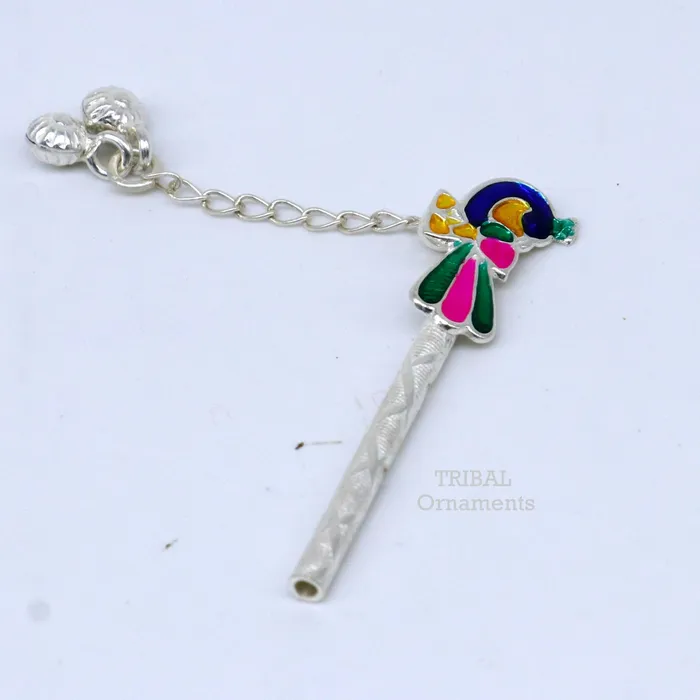 TRIBAL ORNAMENTS Necklaces 5 cm long sterling silver handmade idol baby Krishna flute silver bansuri laddu gopala flute little krishna flute puja art su794