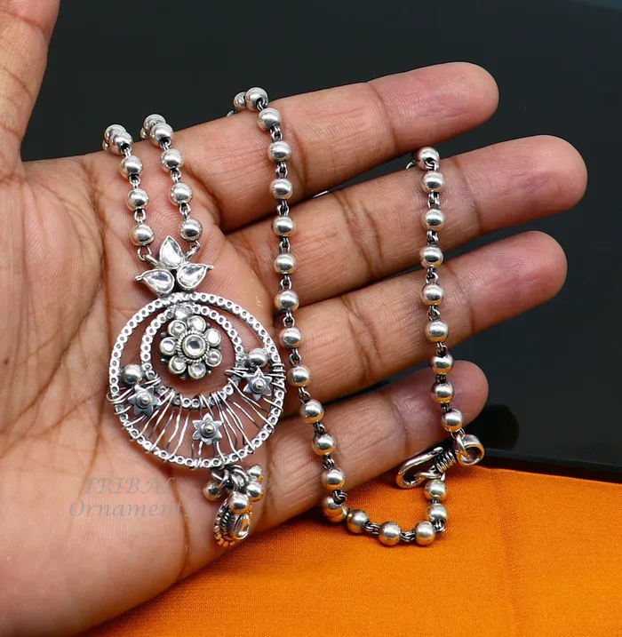 TRIBAL ORNAMENTS Necklaces 925 sterling silver customized 24 inches beaded chain work charm pendant necklace tribal ethnic jewelry set474