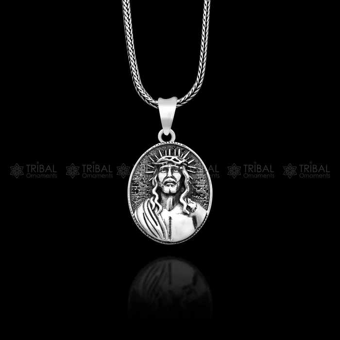 TRIBAL ORNAMENTS Necklaces 925 Sterling silver handmade unique design mens silver Jesus pendant nsp873