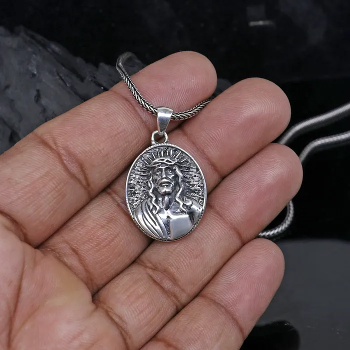 TRIBAL ORNAMENTS Necklaces 925 Sterling silver handmade unique design mens silver Jesus pendant nsp873