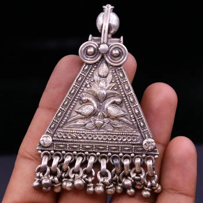 TRIBAL ORNAMENTS Necklaces 925 Sterling silver large drop dangle charm pendant peacock pendant tribal ethnic necklace wedding party gifting boho jewelry india nsp355