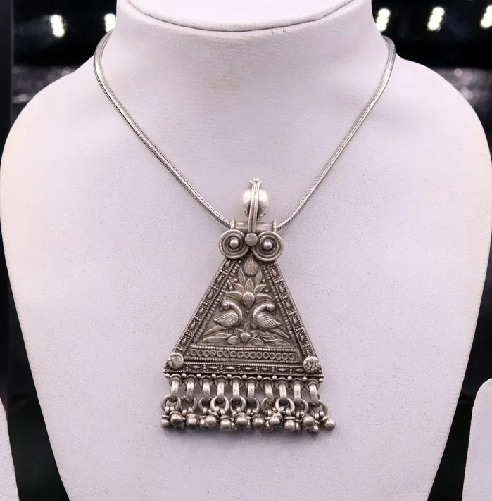 TRIBAL ORNAMENTS Necklaces 925 Sterling silver large drop dangle charm pendant peacock pendant tribal ethnic necklace wedding party gifting boho jewelry india nsp355