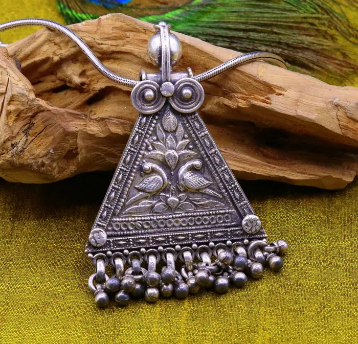 TRIBAL ORNAMENTS Necklaces 925 Sterling silver large drop dangle charm pendant peacock pendant tribal ethnic necklace wedding party gifting boho jewelry india nsp355