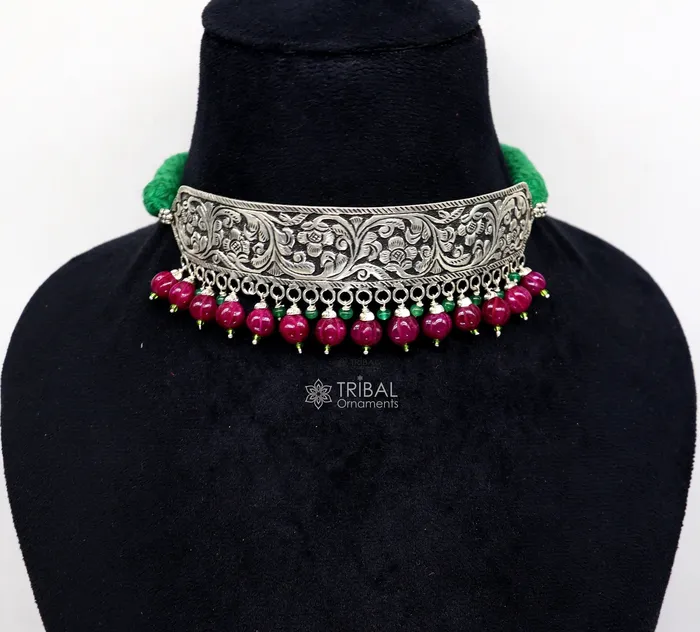 TRIBAL ORNAMENTS Necklaces 925 sterling silver Nakshi work charm necklace choker tribal ethnic jewelry that embodies the rich cultural heritage of Rajasthan set622 TRIBAL ORNAMENTS Necklaces 925 sterling silver Nakshi work charm necklace choker tribal ethnic jewelry that embodies the rich cultural heritage of Rajasthan set622