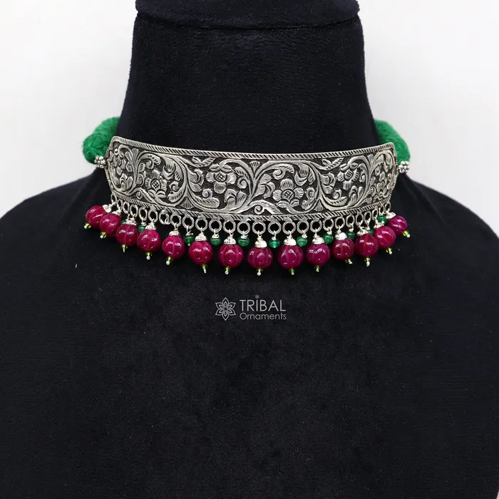TRIBAL ORNAMENTS Necklaces 925 sterling silver Nakshi work charm necklace choker tribal ethnic jewelry that embodies the rich cultural heritage of Rajasthan set622