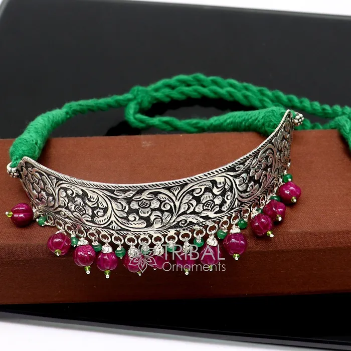 TRIBAL ORNAMENTS Necklaces 925 sterling silver Nakshi work charm necklace choker tribal ethnic jewelry that embodies the rich cultural heritage of Rajasthan set622