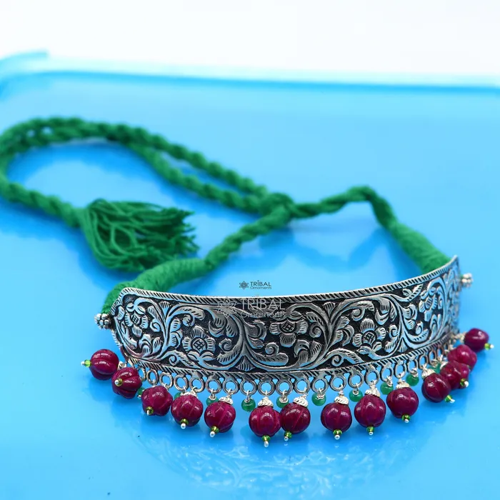 TRIBAL ORNAMENTS Necklaces 925 sterling silver Nakshi work charm necklace choker tribal ethnic jewelry that embodies the rich cultural heritage of Rajasthan set622
