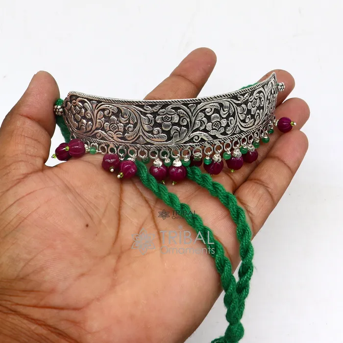 TRIBAL ORNAMENTS Necklaces 925 sterling silver Nakshi work charm necklace choker tribal ethnic jewelry that embodies the rich cultural heritage of Rajasthan set622