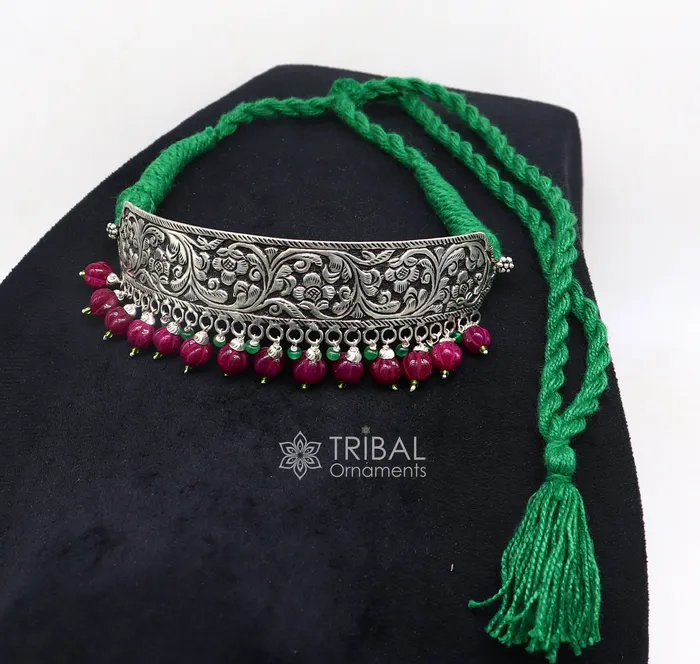 TRIBAL ORNAMENTS Necklaces 925 sterling silver Nakshi work charm necklace choker tribal ethnic jewelry that embodies the rich cultural heritage of Rajasthan set622