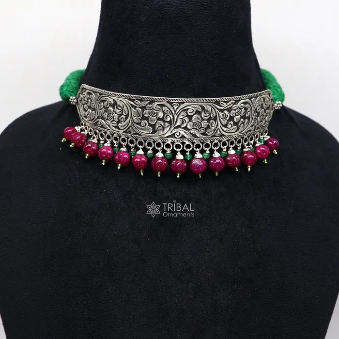 TRIBAL ORNAMENTS Necklaces 925 sterling silver Nakshi work charm necklace choker tribal ethnic jewelry that embodies the rich cultural heritage of Rajasthan set622