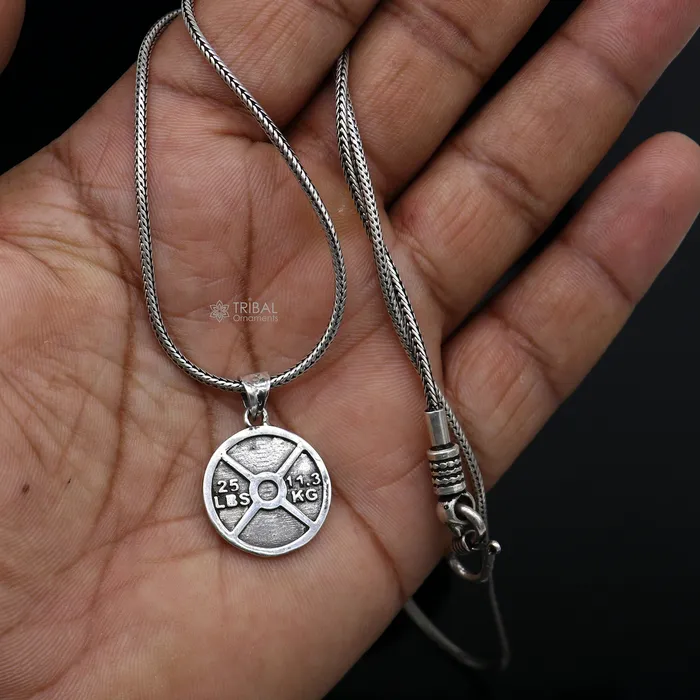 TRIBAL ORNAMENTS Necklaces Amazing 925 sterling silver handmade barbel weight plate design pendant high quality silver small pendant for gym boy girls nsp671 TRIBAL ORNAMENTS Necklaces Amazing 925 sterling silver handmade barbel weight plate design pendant high quality silver small pendant for gym boy girls nsp671
