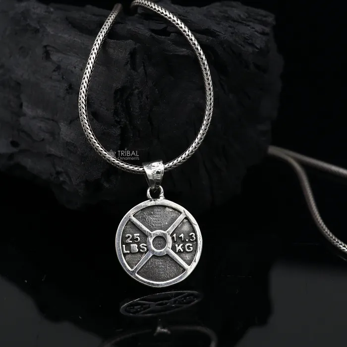 TRIBAL ORNAMENTS Necklaces Amazing 925 sterling silver handmade barbel weight plate design pendant high quality silver small pendant for gym boy girls nsp671 TRIBAL ORNAMENTS Necklaces Amazing 925 sterling silver handmade barbel weight plate design pendant high quality silver small pendant for gym boy girls nsp671