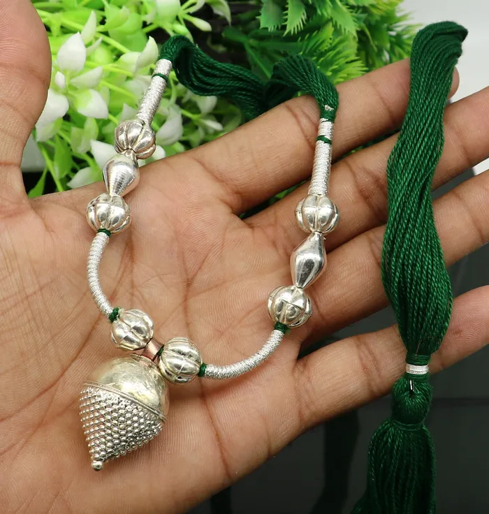 TRIBAL ORNAMENTS Necklaces Amazing customized vintage style Sterling silver beads with Green thread charm necklace wedding choker tribal adjustable jewelry set190
