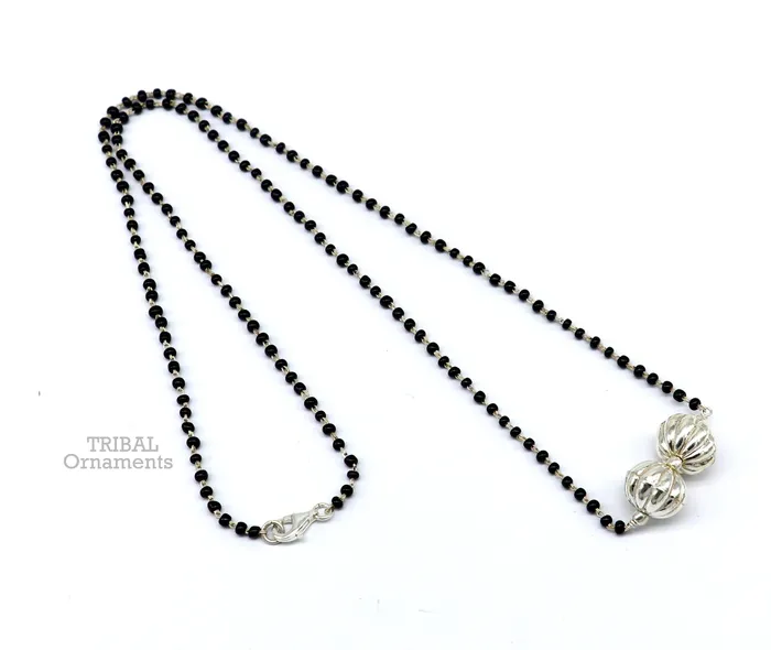 TRIBAL ORNAMENTS Pure 925 sterling silver black beads chain necklace vintage ball pendant traditional style brides Mangalsutra necklace set445 Necklaces