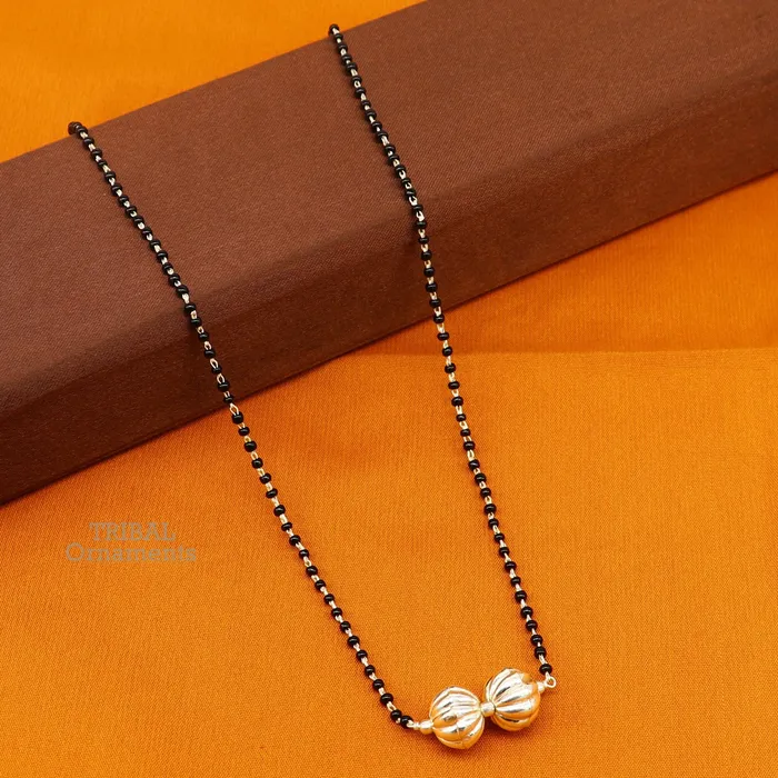 TRIBAL ORNAMENTS Pure 925 sterling silver black beads chain necklace vintage ball pendant traditional style brides Mangalsutra necklace set445 Necklaces