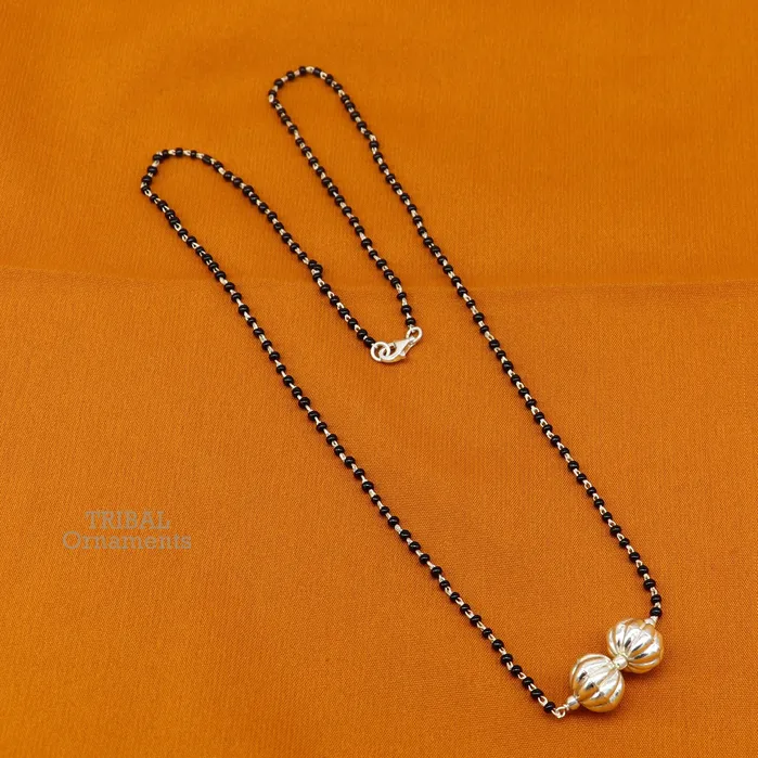 TRIBAL ORNAMENTS Pure 925 sterling silver black beads chain necklace vintage ball pendant traditional style brides Mangalsutra necklace set445 Necklaces