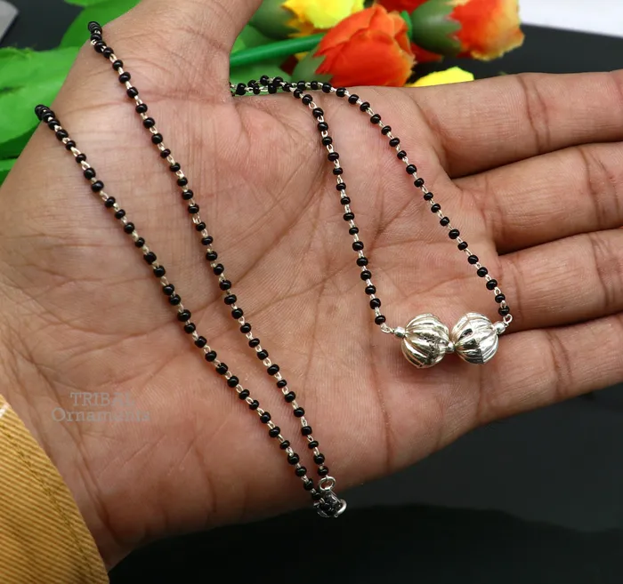 TRIBAL ORNAMENTS Pure 925 sterling silver black beads chain necklace vintage ball pendant traditional style brides Mangalsutra necklace set445 Necklaces