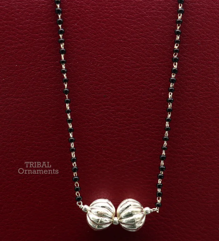 TRIBAL ORNAMENTS Pure 925 sterling silver black beads chain necklace vintage ball pendant traditional style brides Mangalsutra necklace set445 Necklaces