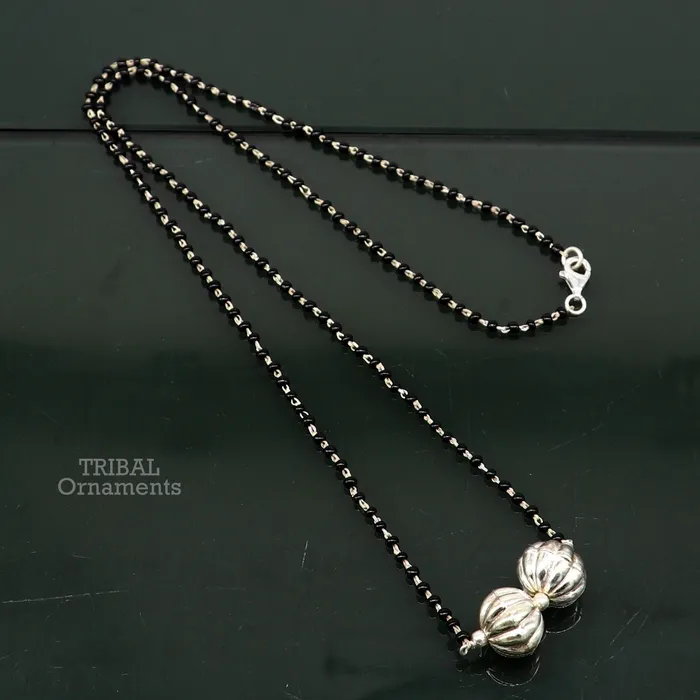 TRIBAL ORNAMENTS Pure 925 sterling silver black beads chain necklace vintage ball pendant traditional style brides Mangalsutra necklace set445 Necklaces