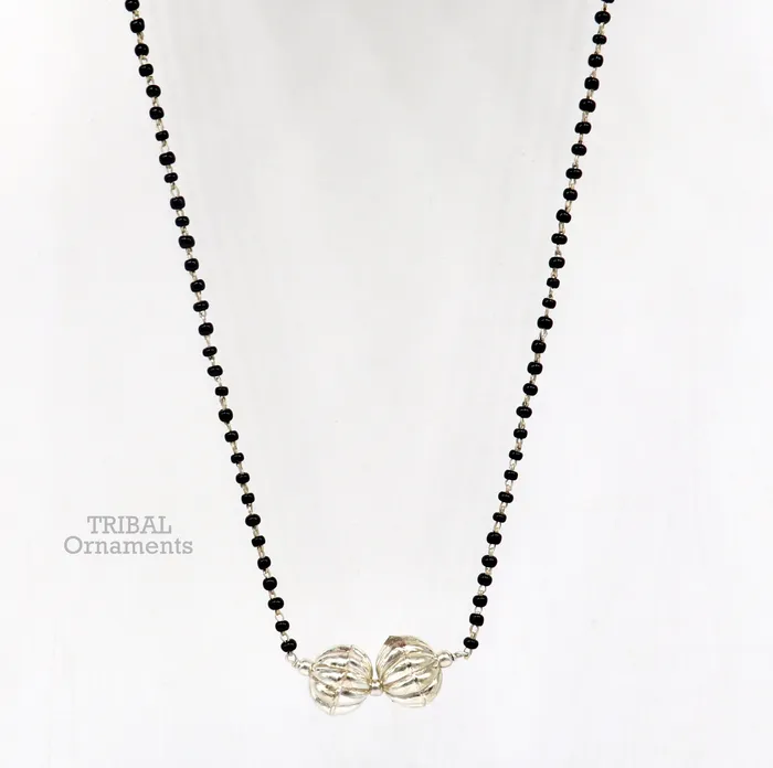 TRIBAL ORNAMENTS Pure 925 sterling silver black beads chain necklace vintage ball pendant traditional style brides Mangalsutra necklace set445 Necklaces