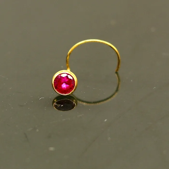 TRIBAL ORNAMENTS Rings 35mm tiny 18kt yellow gold handmade single stone nose pin U band nose stud cartilage customized pretty red stone jewelry gnp31