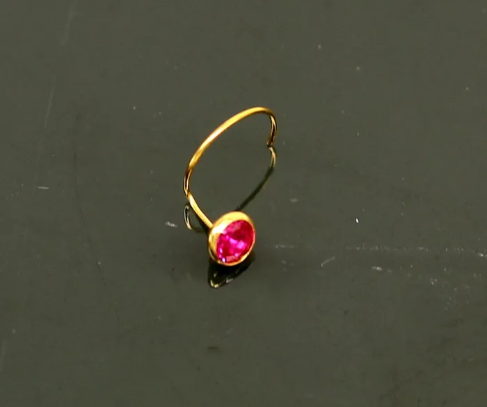 TRIBAL ORNAMENTS Rings 35mm tiny 18kt yellow gold handmade single stone nose pin U band nose stud cartilage customized pretty red stone jewelry gnp31