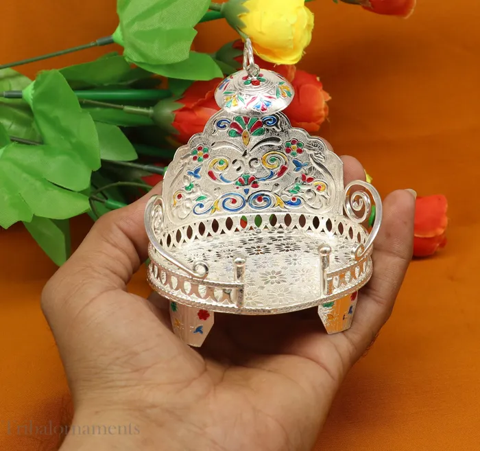 TRIBAL ORNAMENTS Rings Silver throne 925 sterling silver handcrafted small sinhasan idol god throne god statues stand chair temple puja god article su529