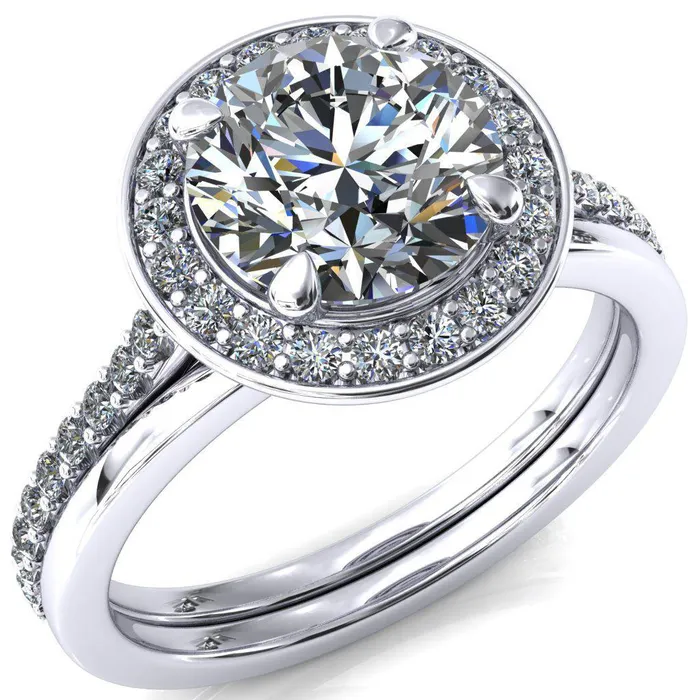 Valma Round Center Stone Floating Diamond Halo and Sides Ring Fire Brilliance Rings