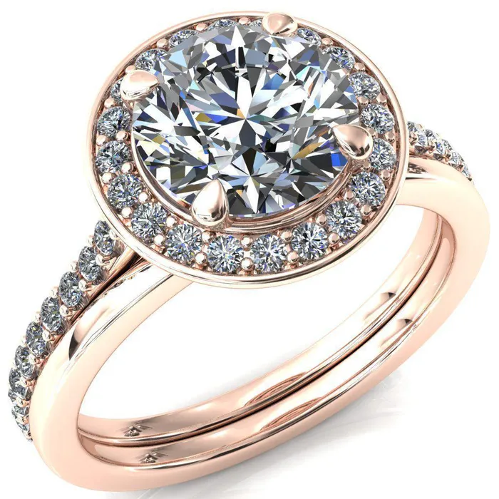 Valma Round Center Stone Floating Diamond Halo and Sides Ring Fire Brilliance Rings